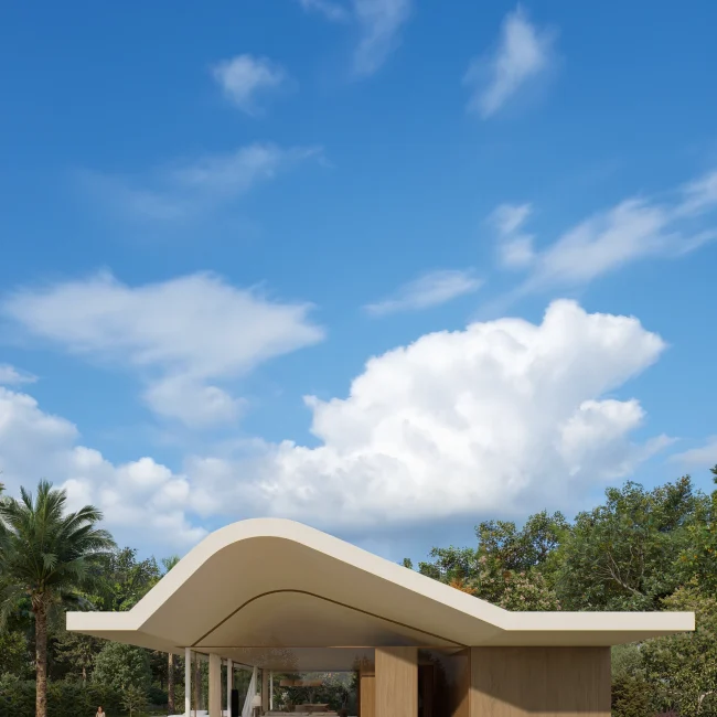 Proyecto de arquitectura moderna con techo curvo blanco y jardines, diseñado por arquitectos en Alicante.